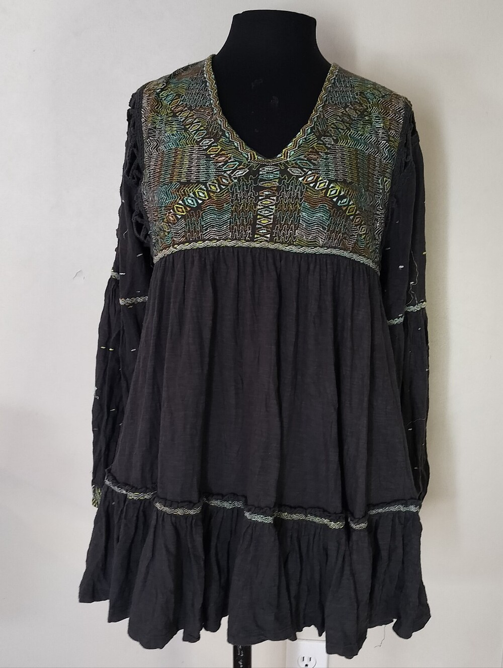 Free People Black Embroidered V-Neck Babydoll Tunic